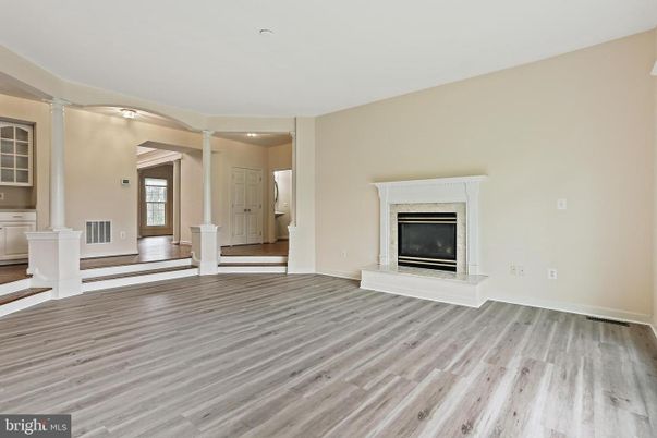 Empty room, Fireplace, Interior, Recessed Lighting, Wood Texture Flooring