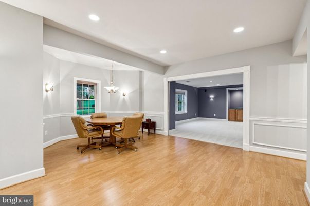 Dining room, Interior, Recessed Lighting, Wood Texture Flooring