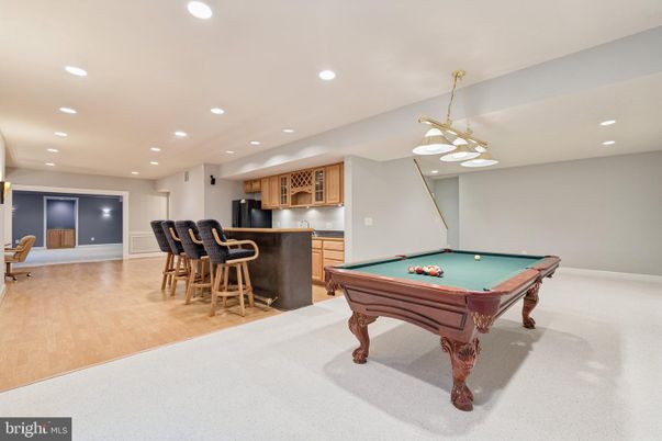 Billiard Table, Game Room, Interior, Pendant Lights, Recessed Lighting, Wood Texture Flooring