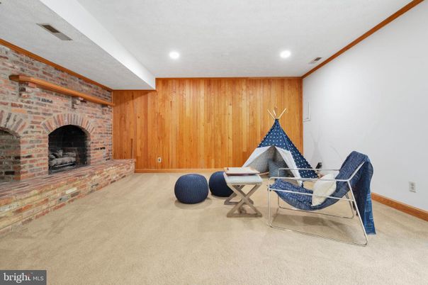 Fireplace, Interior, Recessed Lighting, Stone Walls, Wooden Walls