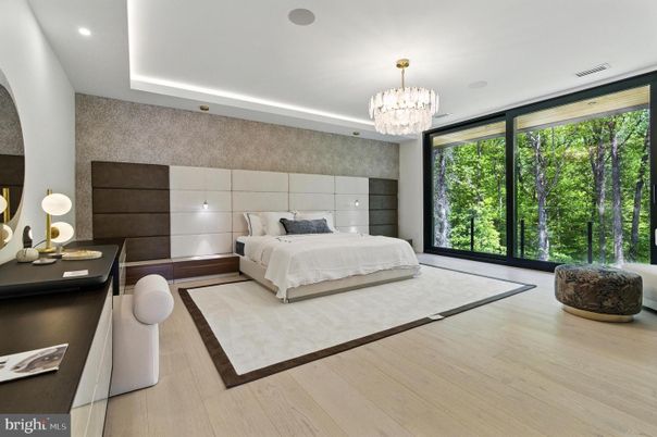 Bedroom, Chandelier, Interior, Recessed Lighting, Wood Texture Flooring