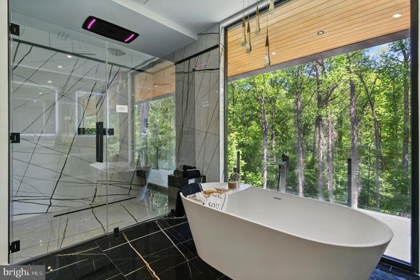 Bathroom, Free Standing Baths, Glass Shower, Interior, Marble Walls, Recessed Lighting