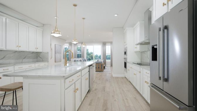 Interior, Kitchen, Marble Walls, Pendant Lights, Recessed Lighting, Stainless Steel Appliances, Wood Texture Flooring