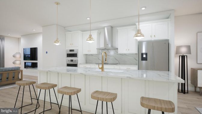 Interior, Kitchen, Marble Walls, Pendant Lights, Recessed Lighting, Stainless Steel Appliances, Wood Texture Flooring