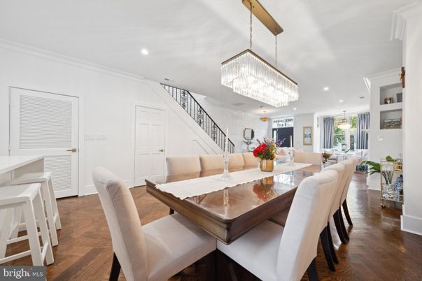 Chandelier, Dining room, Interior, Recessed Lighting, Wood Texture Flooring