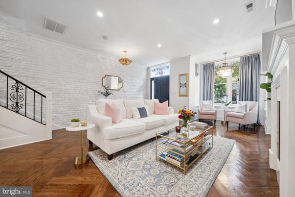 Chandelier, Interior, Living room, Recessed Lighting, Stone Walls, Wood Texture Flooring