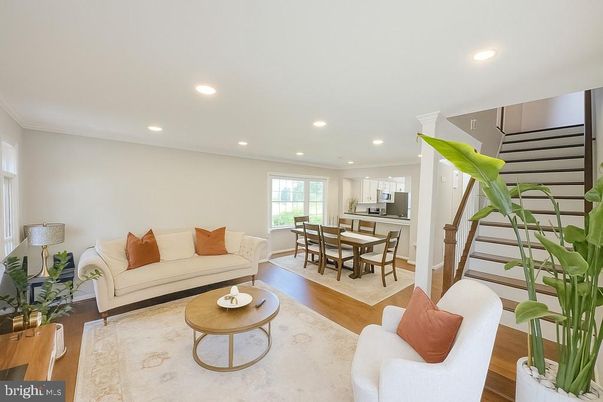 Dining room, Interior, Kitchen, Living room, Recessed Lighting, Stainless Steel Appliances, Wood Texture Flooring