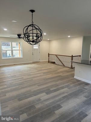 Chandelier, Empty room, Interior, Recessed Lighting, Wood Texture Flooring
