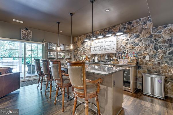 Interior, Pendant Lights, Recessed Lighting, Stone Walls, Wood Texture Flooring