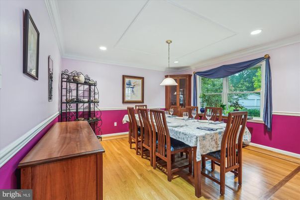 Dining room, Interior, Pendant Lights, Recessed Lighting, Wood Texture Flooring