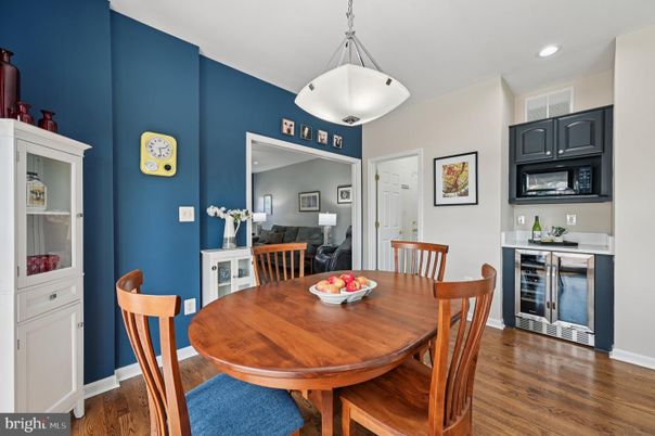 Dining room, Interior, Pendant Lights, Recessed Lighting, Wood Texture Flooring