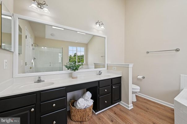 Bathroom, Dual Sink Vanities, Glass Shower, Interior, Wood Texture Flooring