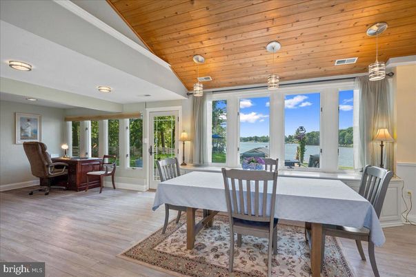 Dining room, Interior, Pendant Lights, Recessed Lighting, Water, Wooden Ceilings, Wood Texture Flooring