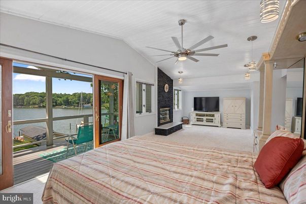 Bedroom, Fireplace, Interior, Pendant Lights, Water