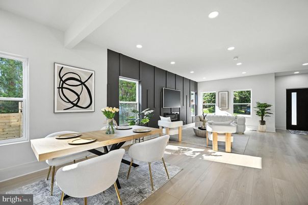 Dining room, Interior, Living room, Recessed Lighting, Wood Texture Flooring