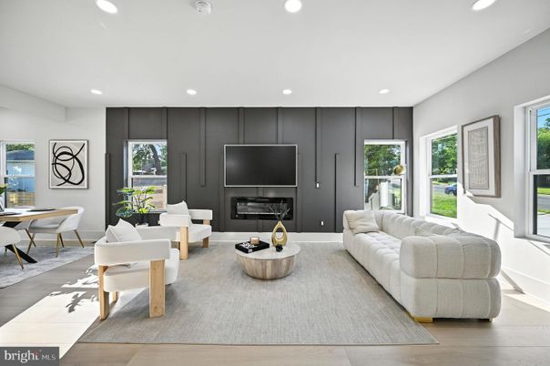 Dining room, Fireplace, Interior, Living room, Recessed Lighting, Water, Wood Texture Flooring