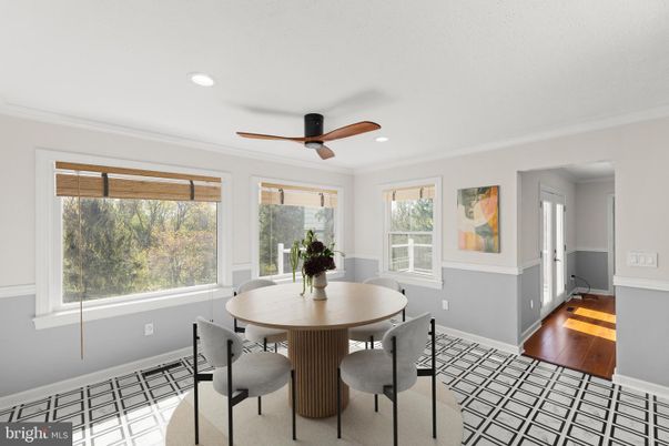 Dining room, Interior, Recessed Lighting, Wood Texture Flooring