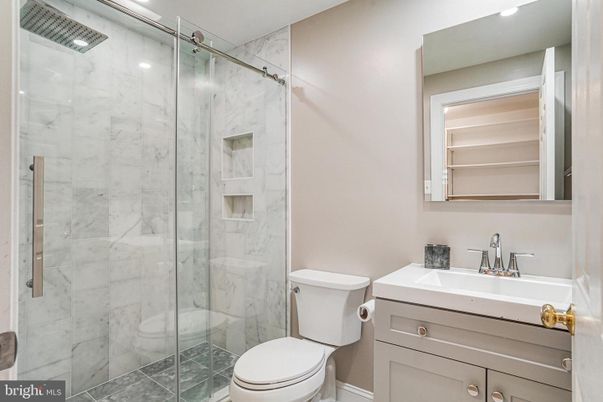 Bathroom, Glass Shower, Interior, Marble Walls, Recessed Lighting