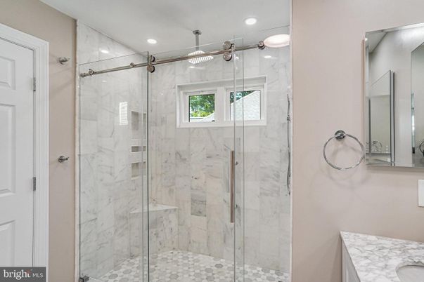 Bathroom, Glass Shower, Interior, Marble Walls, Recessed Lighting