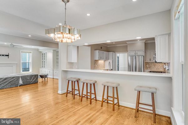 Chandelier, Interior, Kitchen, Recessed Lighting, Stainless Steel Appliances, Wood Texture Flooring