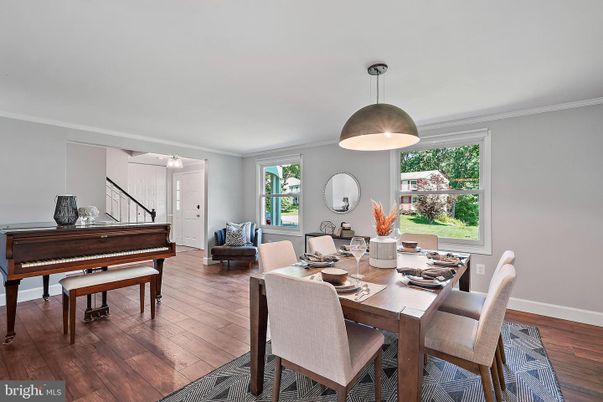 Dining room, Interior, Pendant Lights, Piano, Wood Texture Flooring