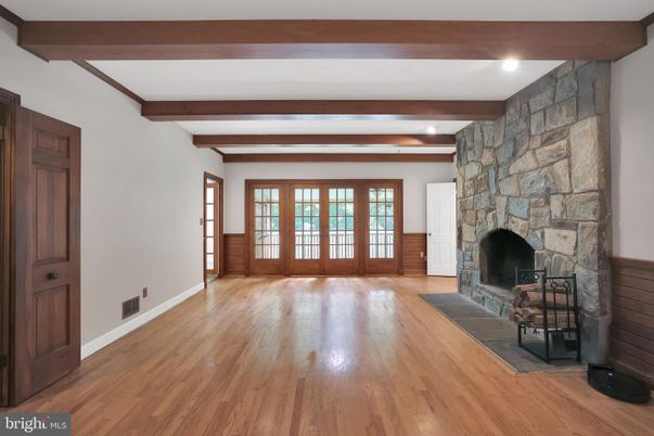Fireplace, Interior, Recessed Lighting, Wooden Beams, Wood Texture Flooring