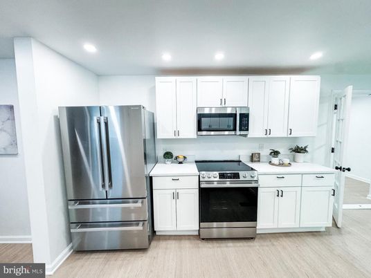 Interior, Kitchen, Recessed Lighting, Stainless Steel Appliances, Wood Texture Flooring