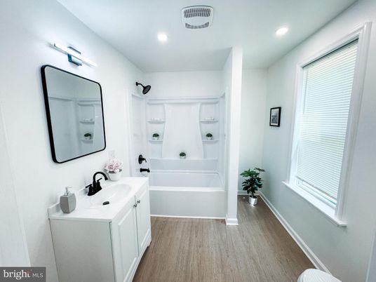 Bathroom, Interior, Recessed Lighting, Wood Texture Flooring