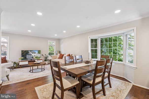 Dining room, Interior, Living room, Recessed Lighting, Wood Texture Flooring