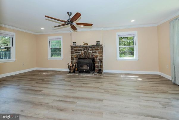 Empty room, Fireplace, Interior, Recessed Lighting, Wood Texture Flooring