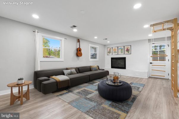 Fireplace, Interior, Living room, Recessed Lighting, Wood Texture Flooring