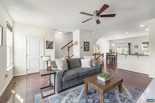 Dining room, Interior, Living room, Pendant Lights, Recessed Lighting, Wood Texture Flooring