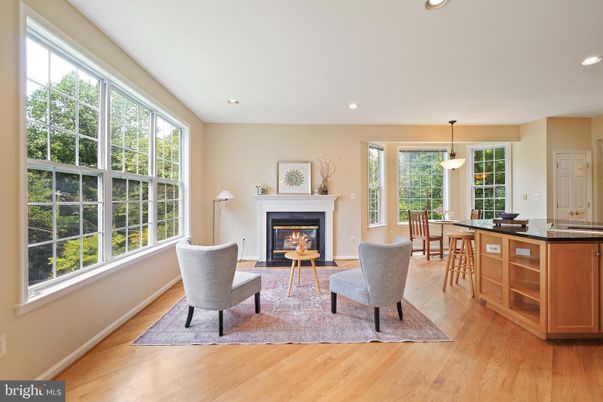 Dining room, Fireplace, Interior, Living room, Pendant Lights, Recessed Lighting, Wood Texture Flooring