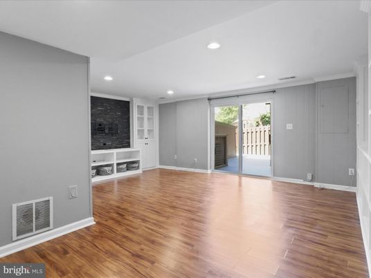 Empty room, Fireplace, Interior, Recessed Lighting, Wood Texture Flooring