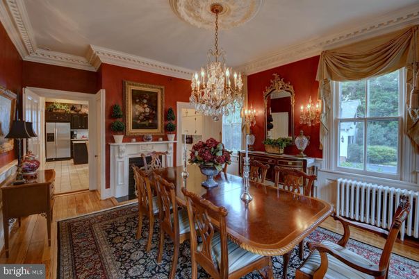 Chandelier, Dining room, Fireplace, Interior, Wood Texture Flooring