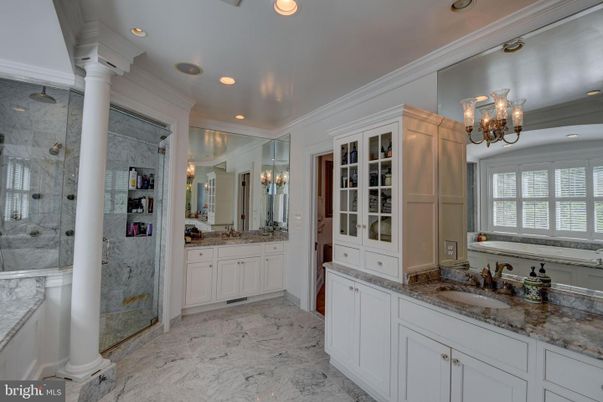 Bathroom, Chandelier, Dual Sink Vanities, Glass Shower, Interior, Marble, Marble Walls, Recessed Lighting