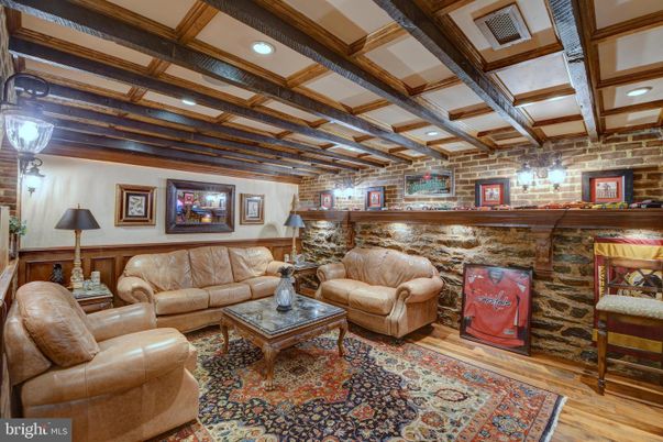 Interior, Living room, Recessed Lighting, Stone Walls, Wooden Beams, Wood Texture Flooring