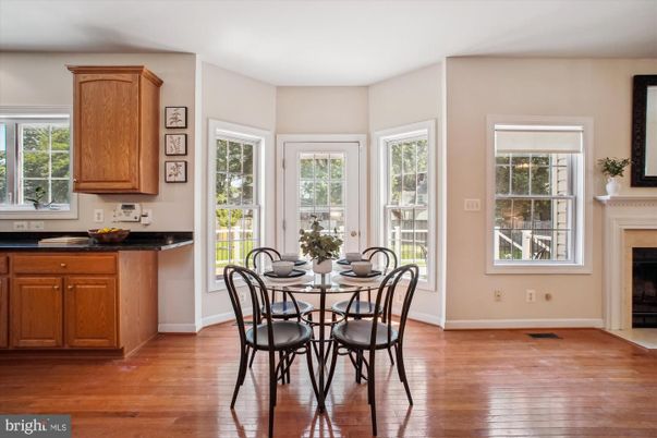 Dining room, Fireplace, Interior, Kitchen, Wood Texture Flooring