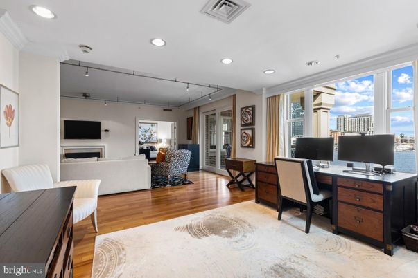 Fireplace, Home Office, Interior, Recessed Lighting, Wood Texture Flooring