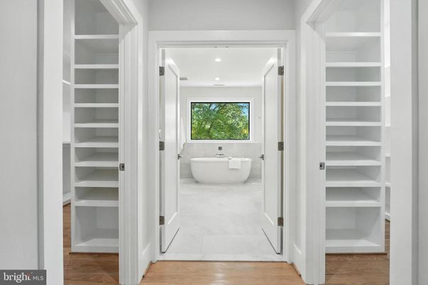 Bathroom, Free Standing Baths, Interior, Marble, Recessed Lighting, Wood Texture Flooring