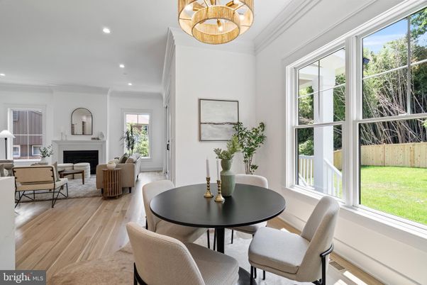 Chandelier, Dining room, Fireplace, Interior, Living room, Recessed Lighting, Wood Texture Flooring
