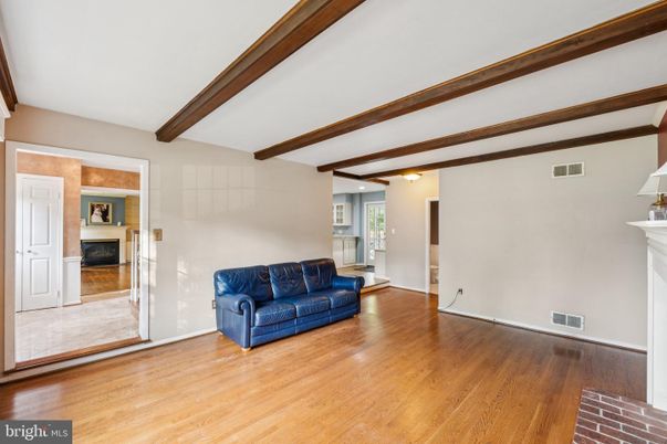Empty room, Fireplace, Interior, Recessed Lighting, Wooden Beams, Wood Texture Flooring