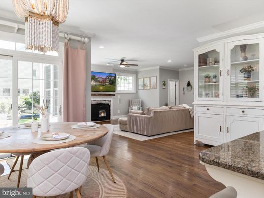 Chandelier, Dining room, Fireplace, Interior, Living room, Recessed Lighting, Wood Texture Flooring