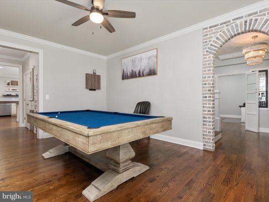 Billiard Table, Chandelier, Game Room, Interior, Wood Texture Flooring