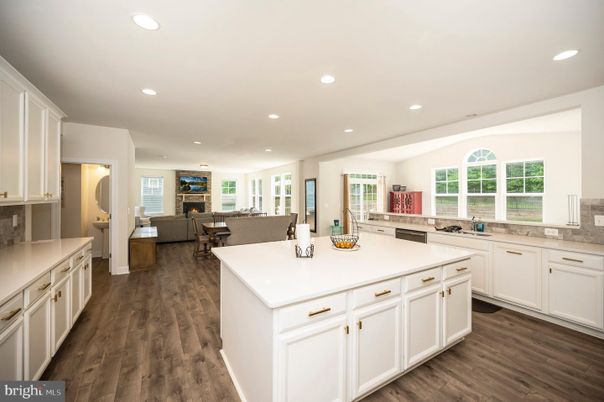 Fireplace, Interior, Kitchen, Living room, Recessed Lighting, Wood Texture Flooring