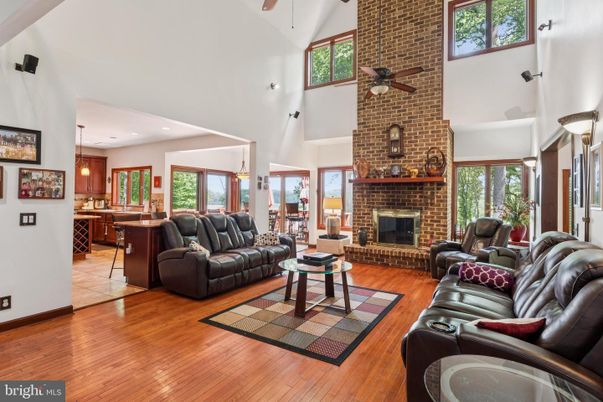 Fireplace, Interior, Kitchen, Living room, Pendant Lights, Recessed Lighting, Stone Walls, Wood Texture Flooring