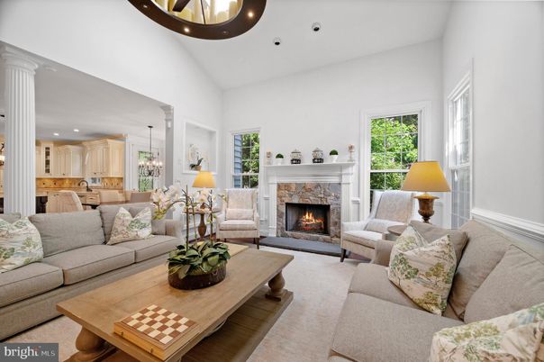 Dining room, Fireplace, Interior, Kitchen, Living room, Pendant Lights, Recessed Lighting