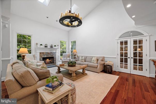 Chandelier, Fireplace, Interior, Living room, Recessed Lighting, Wood Texture Flooring