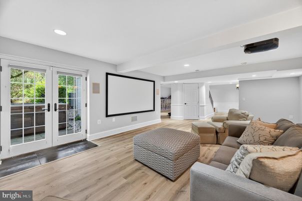 Interior, Living room, Projection Screen, Recessed Lighting, Wood Texture Flooring