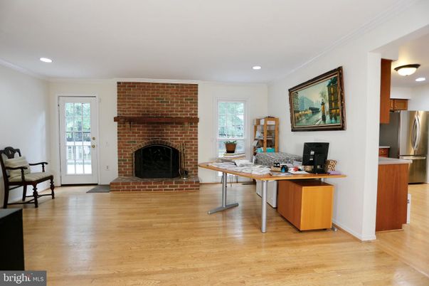 Fireplace, Home Office, Interior, Kitchen, Recessed Lighting, Stone Walls, Wood Texture Flooring